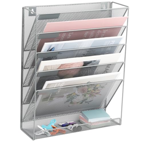 Desk File Organizer Mesh 6-Tier, Hanging Wall Mount Document Organization Stand, Desktop Vertical Mail Paper Folder Holder Rack with Bottom Tray for Office Home Cubicle Countertop, Gray - color: Gray, size: 6 Tier