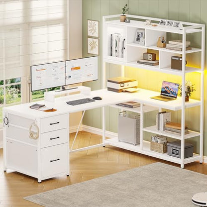 SEDETA 58'' L Shaped Computer Office Desk with 3 Drawers and Bookshelf - color: White
