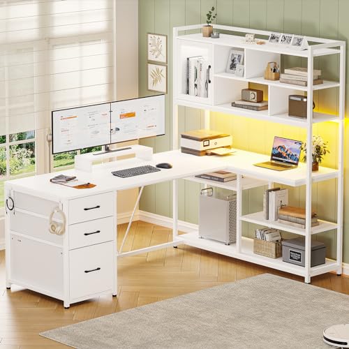 SEDETA 58'' L Shaped Computer Office Desk with 3 Drawers and Bookshelf - color: White