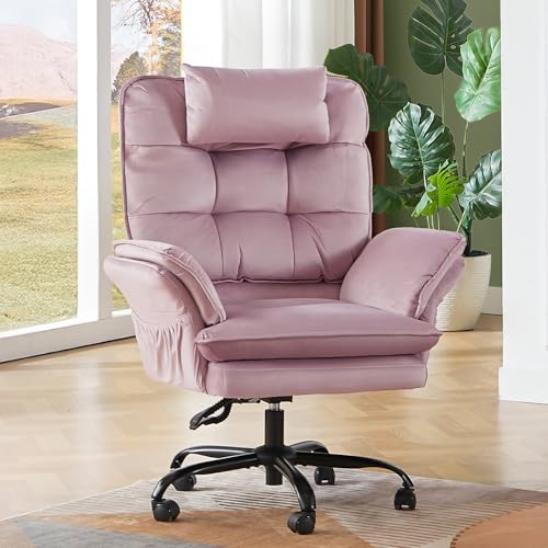 Bestier Criss Cross Chair with Flip-Up Armrests and Headrest, Pink Velvet | 135° Reclining Swivel Executive Chair with Side Pockets, Big and Tall Computer Desk Chair for Home Office Bedroom - color: Pink Velvet, size: High Back