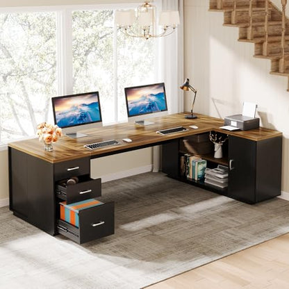 Tribesigns 85.8-Inch L-Shaped Executive Desk, Extra Large Home Office Desk - color: Brown & Black