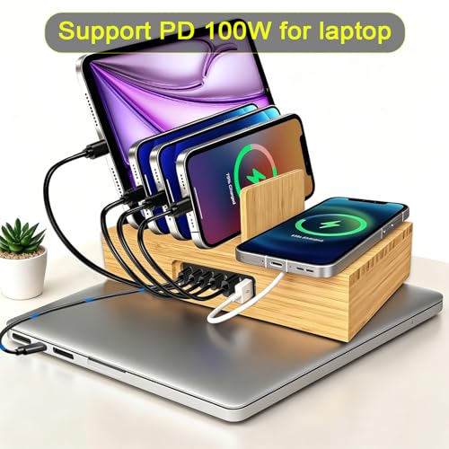 6 Port USB Charging Station for Multiple Devices 200W USB C Laptop Charger for MacBook Tablet 15W 3-in-1 Wireless Charger for iPhone/Apple Watch/AirPods Bamboo Charging Station Organzier