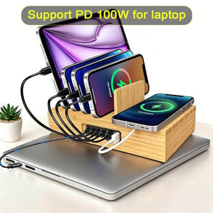6 Port USB Charging Station for Multiple Devices 200W USB C Laptop Charger for MacBook Tablet 15W 3-in-1 Wireless Charger for iPhone/Apple Watch/AirPods Bamboo Charging Station Organzier