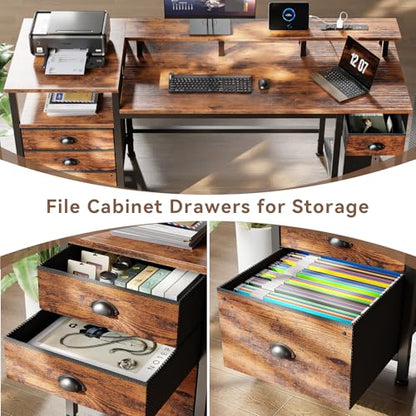 Furologee 60" Computer Desk with 4 Drawers, Power Outlet, LED, Rustic Brown - color: Rustic Brown, size: 60 Inch