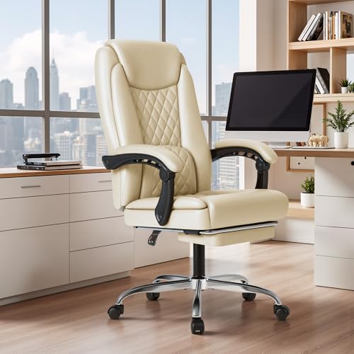Furmax Office Chair with Footrest Ergonomic High Back Design Executive Computer Desk Chair400lbs, 90-135° Reclining Leather Home Office Desk Chairs Swivel Task Chairs with Wheels (Beige) - color: Beige