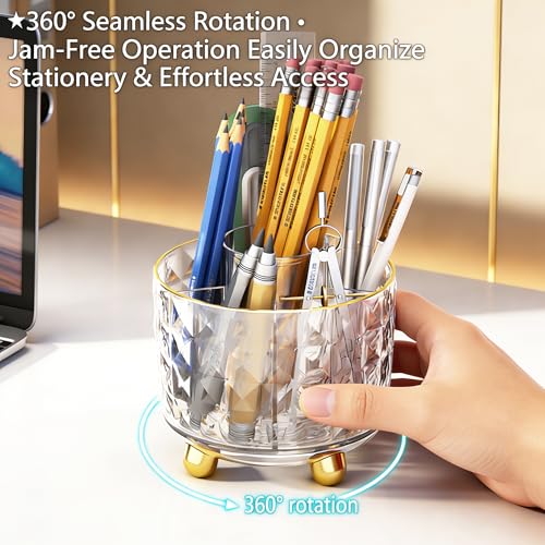 GOTOBA 360° Rotating Pencil Holder for Desk, Makeup Brush Holder with 6 Slots, Desk Organizer for Writing Utensil, Office and School Supplies (Transparent) - color: Transparent
