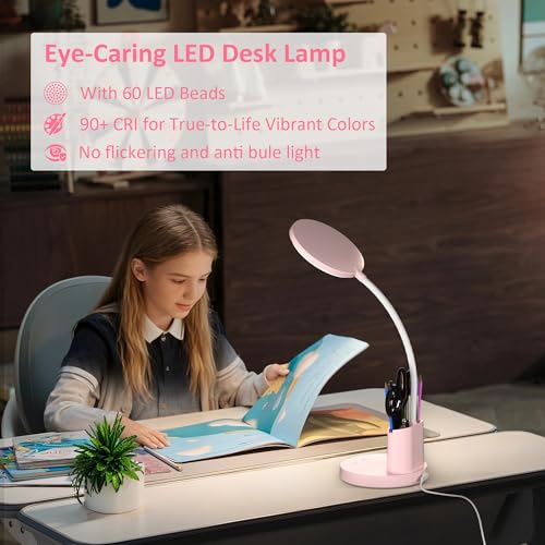LED Desk Lamp for College Dorm with Pen Phone Holder, Pink - color: Pink