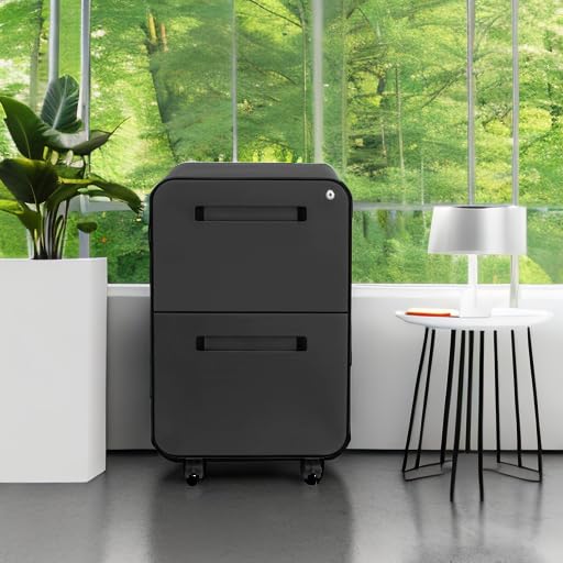Laura Davidson Furniture Stockpile 2 Drawer Mobile File Cabinet with Lock - Under Desk Metal Filing Cabinet, Legal/Letter File Folders, Wheels and Stationary Feet, Pre-Assembled, Black - color: Black