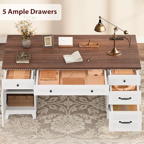 GarveeHome Executive Desk with File Drawers, Farmhouse Home Office Desk with Charging Station, 60 in Wooden Computer Desk with Cabinet Storage for Work Study Writing, White Walunt - color: White Walunt