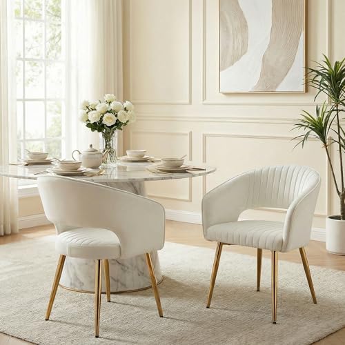 Beige Velvet Dining Chairs Set of 2, Upholstered Gold Dining Chairs with Tufted Back, Modern Dining Room Chairs with Gold Legs, Accent Arm Chairs Kitchen Chairs for Dining Room Reception - color: Beige