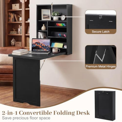 Tangkula Folding Wall Mounted Desk, Convertible Fold Out Floating Table with Storage Shelves, Space-Saving Drop Leaf Table, Murphy Desk for Craft, Study, Small Spaces, Home Office, Dorm, Black - color: Black