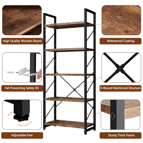 5 Tiers Bookshelf, Classically Tall Bookcase, Industrial Book Rack - color: Brown & Brown