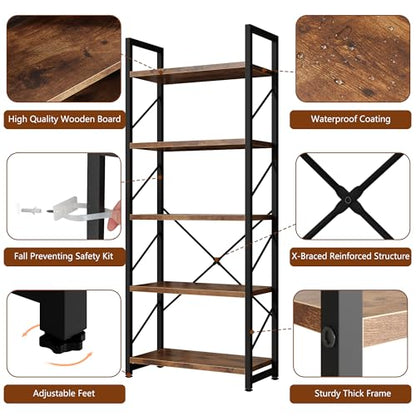 5 Tiers Bookshelf, Classically Tall Bookcase, Industrial Book Rack - color: Brown & Brown