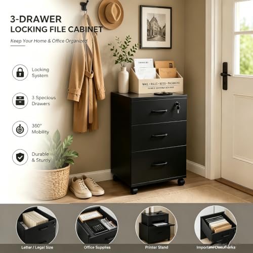 Lockable 3-Drawer Mobile Filing Cabinet with Wheels, Heavy-Duty Vertical Under Desk Storage & Printer Stand, Compatible with A4, Letter, Legal Size Hanging Files Home Office Use (Black) - color: Black