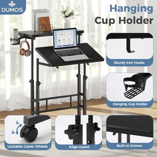 DUMOS Rolling Standing Desk, Sit Stand Desk, Computer Cart | 23.6 Inch Width, Height Adjustable, Split Top, Mobile Laptop Workstation, Office Table, Portable Design, Ink - color: Ink