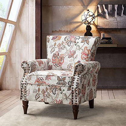 HULALA HOME Traditional Floral Accent Chair with Solid Wood Legs, Pink | Comfy Upholstered Armchair Reading Chair with Rolled Armrests, Nailhead Trim, Removable Cushion, for Living Room Bedroom - color: Pink