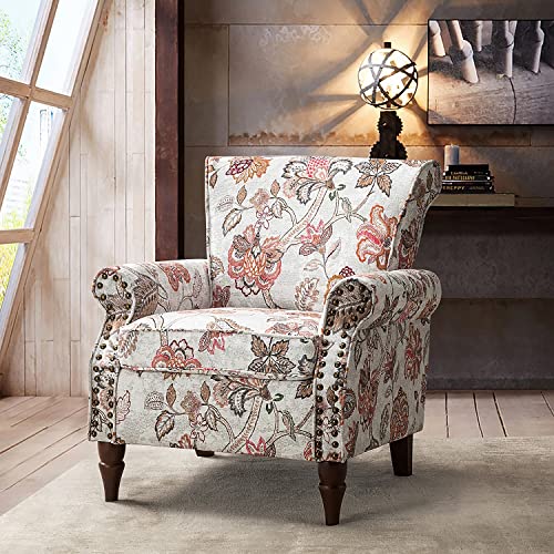 HULALA HOME Traditional Floral Accent Chair with Solid Wood Legs, Pink | Comfy Upholstered Armchair Reading Chair with Rolled Armrests, Nailhead Trim, Removable Cushion, for Living Room Bedroom - color: Pink
