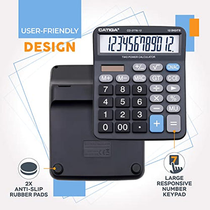 Premium Commercial 12-Digit Large Desktop Calculator with Huge 5-Inch LCD Display Screen, Giant Responsive Buttons, Battery and Solar Powered, Perfect for Home/Office Accounting Finance Use, CD-2776 - color: Black (Commercial)