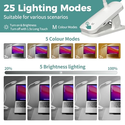 CUHIOY 2Pack Rechargeable Clip on Reading Light for Bed Headboard, White | 5 Colors 5 Brightness Bed Light, Battery Flexible Arm Table Lamp with Clamp, Flicker-Free LED Book Light at Night, Crafting - style: 2Pack White