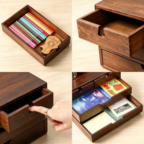 DEAYOU Bamboo Desk Organizer, 100% Natural Bamboo Desktop Drawer Organizer, Dark Brown Tabletop Storage Cabinet Organization Box with 4 Drawer for Makeup, Letter, Home, 3 Layer, Fully Assemble