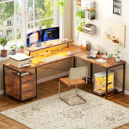 Unikito 63" L-Shaped Computer Desk with Power Outlet & LED, Rustic Brown - color: Rustic