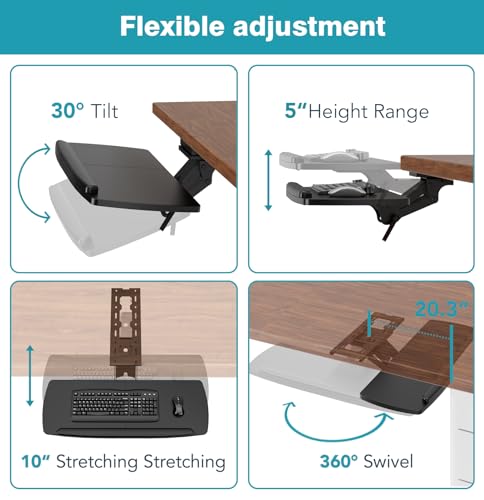 Keyboard Tray Under Desk with Storage Drawer, Height Adjustable Keyboard Tray Slide Out 360° Swivel Tilt, Ergonomic Under Desk Mount Keyboard & Mouse Holder for Gaming Home Office - size: 28” Length