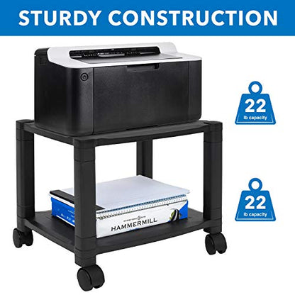 Mount-It! Under Desk Printer Stand with Wheels [2 Shelf] Height Adjustable with 4 Swivel Wheels, Cable Management, Low Rolling, Mobile Printer Cart, 2 Tier (Black)