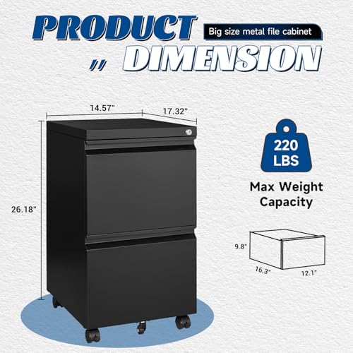 Fesbos 2 Drawers Vertical File Cabinet - Fully Assembled Black Under Desk Mobile Filling Cabinet Small Lockable Home Office File Cabinets for A4/Letter/Legal Size - color: Black, size: 14.6"W-2 Drawers-Fully Assembled