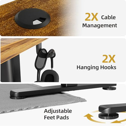 Claiks Electric Height Adjustable Standing Desk, 55x24 Inch, Rustic Brown | Smooth Height Adjustment, 3 Memory Presets, Cable management hub & hook, Stable Steel Frame, 156 lbs Capacity, Easy Assembly - color: Rustic Brown, size: 55