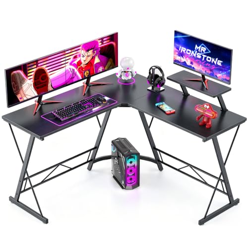 Mr IRONSTONE L Shaped Gaming Desk Corner Computer Desk, Home Office Desks Writing Workstation with Large Monitor Stand, Easy to Assemble (Black,51 Inch) - color: Pure Black, size: 51Inch