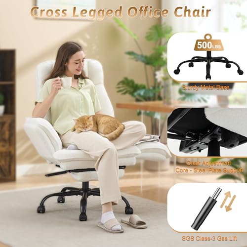 Wider Seat Office Chair with Flip Armrests for Criss Cross Legged&Cats, Big and Tall Executive Ergonomic Reclining Chair with Footrest&Lumbar Pillow, Teddy Fleece Desk Chair,White Vanity Chair - color: White