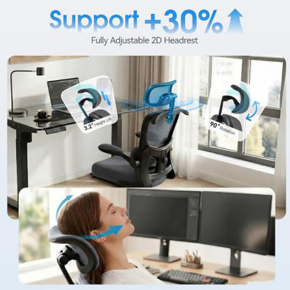 AreShark Ergonomic Office Chair, Desk Chair with Adjustable Lumbar Support | High Back Breathable Mesh Computer Chair with Adjustable Headrest,Hanger,Flip Up Armrest and Rocking Function for Home Office - color: Dark Gray