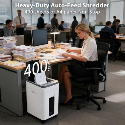 Heavy Duty Paper Shredder: 400-Sheet Auto Feed P5 Micro-Cut Document Credit Card Shredding with Jam-Proof Design for Home Office Business School