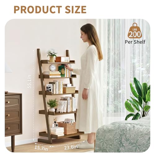 Uniclinens Walnut Wooden Ladder Shelf, 5-Tier Ladder Shelf Bookcase, Ladder Bookshelf for Compact Spaces, Solid Wood Bookshelf for Living Room, Bedroom, Home Office,(23.6''Dx15.7''Wx55.1''H)
