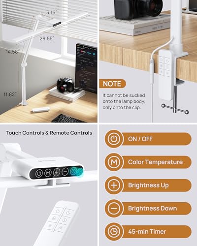 TROND LED Desk Lamp with Clamp, 29.55'' Tall Desk Light with Remote, White | 1500LM Bright Table Lamp, Swing Arm Clip on Light, Eye-Caring, Touch Control Dimmable for Home Office Monitor Reading - color: White