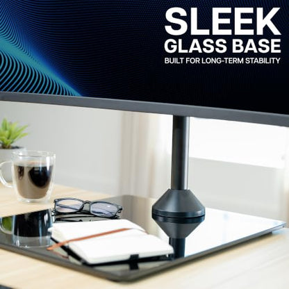 VIVO Black Triple Monitor Mount, Freestanding Triple Monitor Arm Stand for Desk with Glass Base, Heavy Duty Fully Adjustable Stand for 3 Screens up to 32 inches, Black, STAND-V332FG - size: 13" to 32" Screens