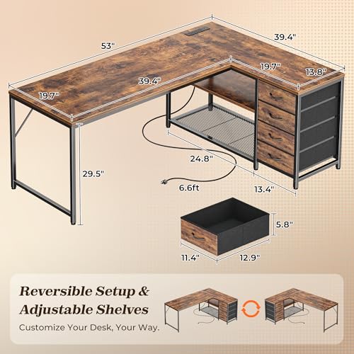 PRAISUN 53" L Shaped Desk with Power Outlets & 4 Drawers | Reversible Computer Desk with 2 Storage Shelves, Large Corner Office Desk for Gaming Writing Work Study, Rustic Brown - color: Rustic Brown, size: 53 Inch