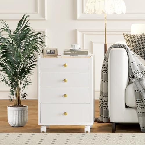 Under Desk Storage, 4 Drawer Small File Cabinet, Chest of Drawer with Glass Top, Mobile Printer Stand with Lockable Wheels for Home Office Study, White