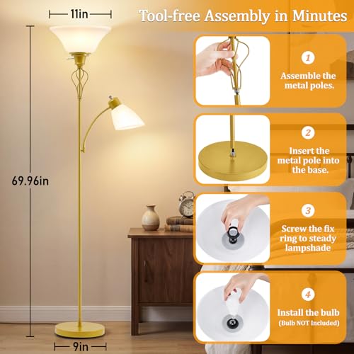 Floor Lamps for Living Room, 70" Tall Torchiere Floor Lamps, Plastic Shade | Tall Lamp with Adjustable Gooseneck Reading Light, Modern Corner Standing Lamp for Bedroom, Office, Separate On/Off Switch - color: Gold