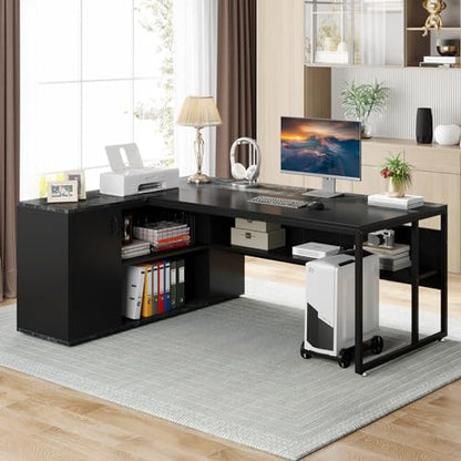 Tribesigns 71 inch Executive Desk, L Shaped Desk with Cabinet Storage, Executive Office Desk with Shelves, Business Furniture Set Workstation for Home Office, Black - color: Black