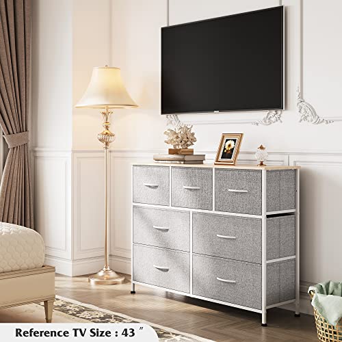 WLIVE 7 Drawer Dresser TV Stand, Entertainment Center, Media Console Table with Metal Frame and Wood Top for TV up to 45 inch, Chest of Drawers for Bedroom, Living Room, Light Grey - color: Light Grey