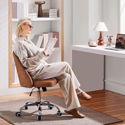 Yaheetech Retro Brown Faux Leather Armless Swivel Rolling Vanity Desk Chair | Compact faux leather seat fits small vanity, sewing or office desks; adjustable height, swivels on smooth wheels, fast setup. - color: Retro Brown