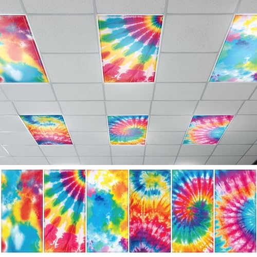 QOUBAI 6PCS Fluorescent Light Covers, 4x2 Feet Magnetic Light Cover Fluorescent Lights Shade Panel Positive Inspirational Ceiling Lights Filters for Office Classroom Home Drop Ceiling Tie Dye - color: Tie Dye