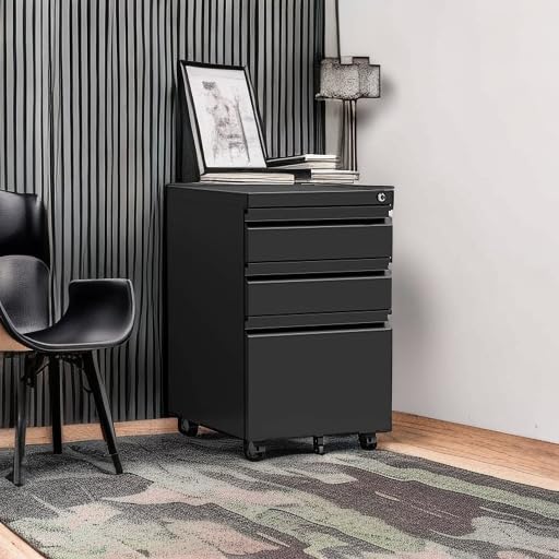 STANI 25" H 3 Drawer Mobile File Cabinet with Lock, Under Desk Metal Filing Cabinet, Locking Office Mobile Cabinet with Wheels, Letters/Legal/A4(Assembly Required Black) - color: Black, size: 3 Drawers-Assembly Required