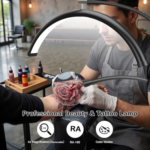 Half Moon Lash Light with 4X Magnifier for Eyelash Extensions - Professional LED Lamp for Eyetech,Tattoo Artists, Estheticians | Dimmable Cool/Warm Lighting & Brightness | Shadow-Free Design (Remote) - color: Black