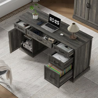 Tradare 58" Farmhouse Executive Desk, Wood Home Office Desk with Drawers & File Cabinet, Embossed Texture Storage Organizer Computer Desk for Working, Studying, Writing, Gray