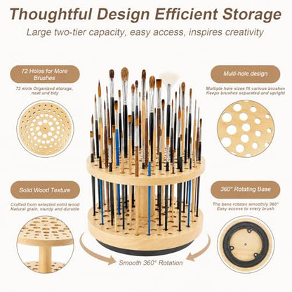 72 Hole 360° Rotating Hardwood Paint Brush Holder Organizer - color: Yellow（72 Holes）