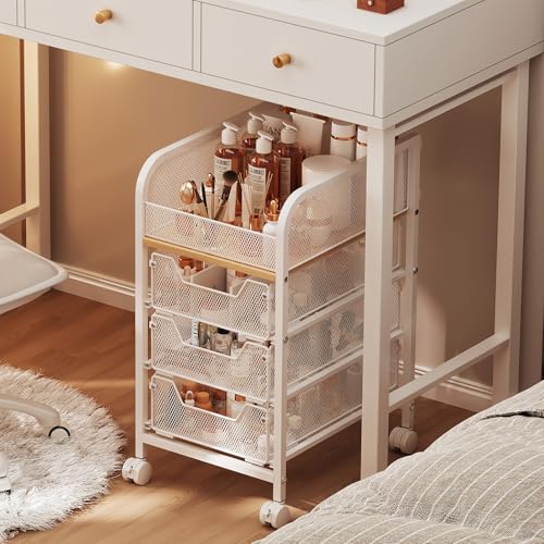 Hongtamoya Rolling Makeup Cart Organizer with 3 Drawers, Narrow Floor Skincare Organizers, Cosmetics Display Cases Vanity Organizer for Skin Care Nail Polish Perfume Makeup Brush, White - color: White, size: Narrow+3S Drawers