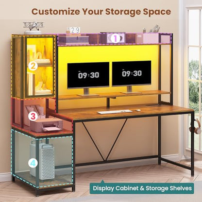 SEDETA 60'' Gaming Desk with Storage, Hutch, Display Cabinet and LED Lights - color: Rustic Brown