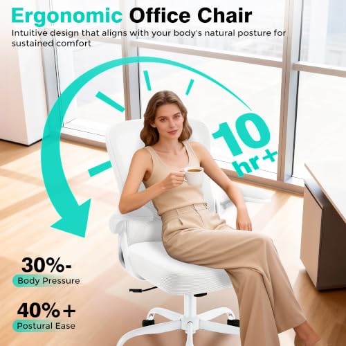 AreShark Office Chair - Ergonomic Breathable Mesh Desk Chair with Adjustable Lumbar Support and Flip-up Armrests - Executive High Back Rolling Swivel Comfortable Computer Gaming Chair for Home Office - color: White